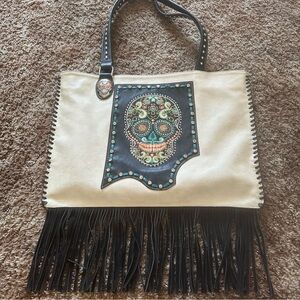Montana West Fringe Embroidered Sugar Skull Tote Silver Skull Accented 18”x12.5”